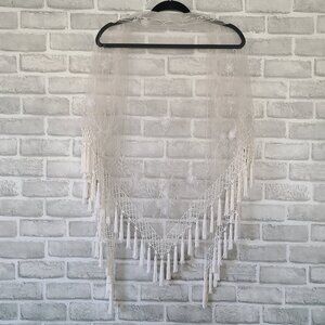 Beaded Embroidered Tasseled Lace Shawl Intricate Warm White Wedding Guest Floral